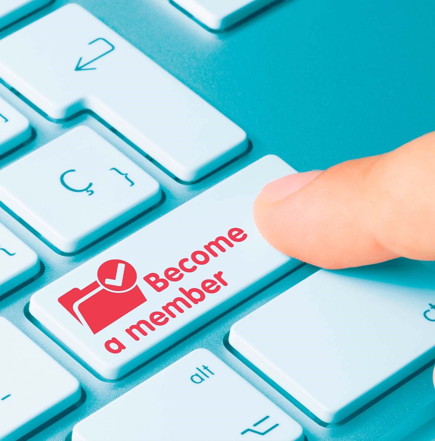 Right side of a computer keyboard with a finger about to press the "Become a member" key written in red.