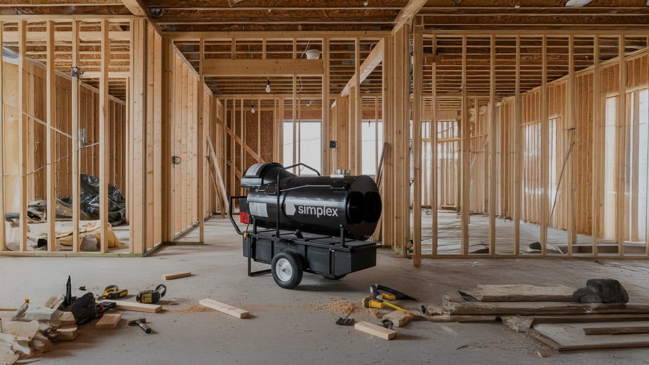 Chaufferette de chantier Simplex installée dans une ossature de bois en construction, utilisée pour fournir chauffage et ventilation temporaire sur site.