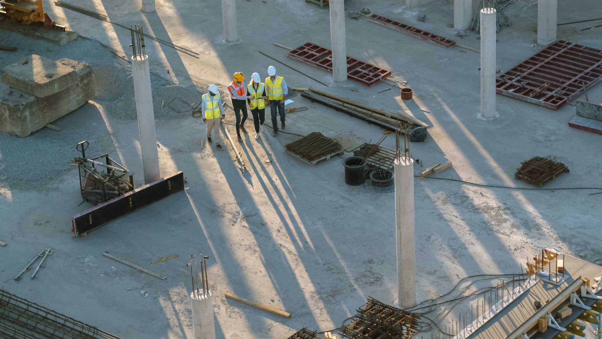 Photo d'un chantier avec quatre ouvriers marchant dans un bâtiment en construction. Des matériaux et des outils sont visibles posés sur le sol.