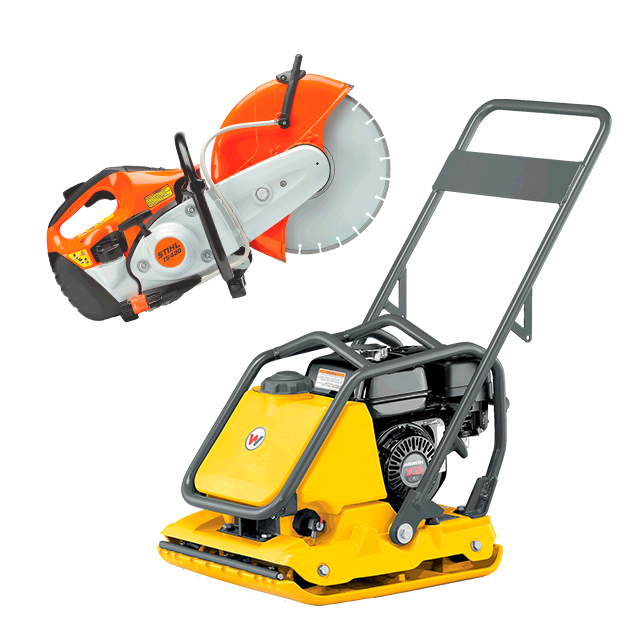 Ensemble plaque vibrante et scie à béton avec lame