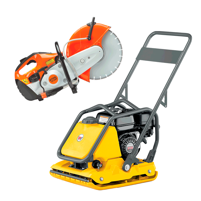 Ensemble plaque vibrante et scie à béton avec lame