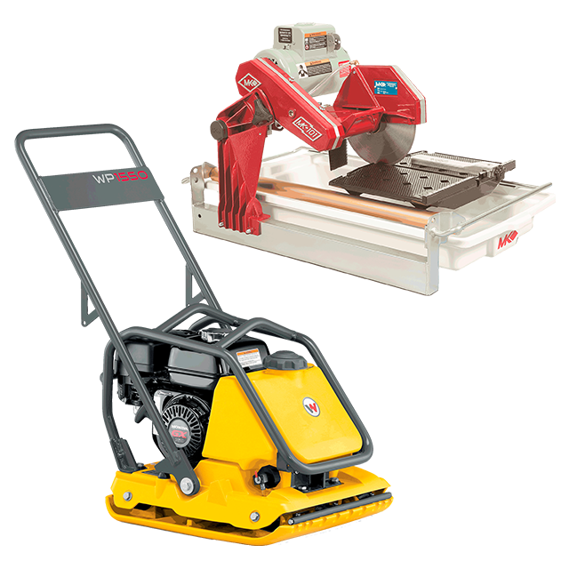 Ensemble plaque vibrante et scie à pavé uni avec lame