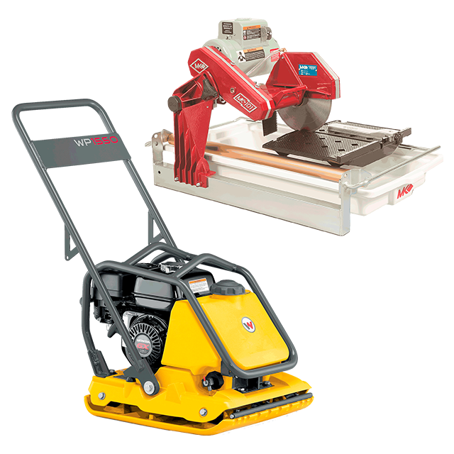 Ensemble plaque vibrante et scie à pavé uni avec lame