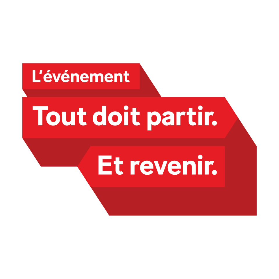 Visuel promotionnel Simplex – Événement « Tout doit partir. Et revenir. » sur fond rouge