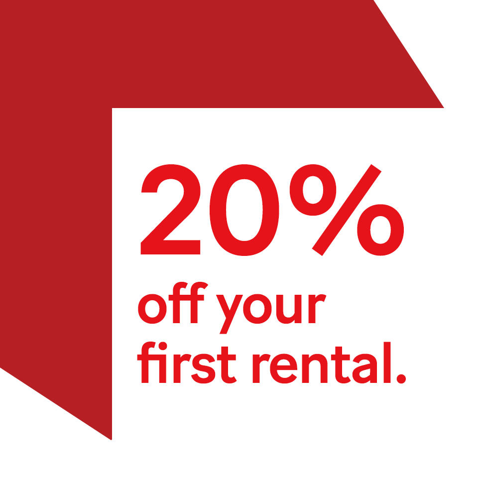 Promotional visual – 20% off your first rental