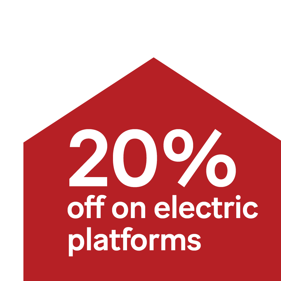 Promotional image featuring 20% ​​off Simplex electric lifting platforms