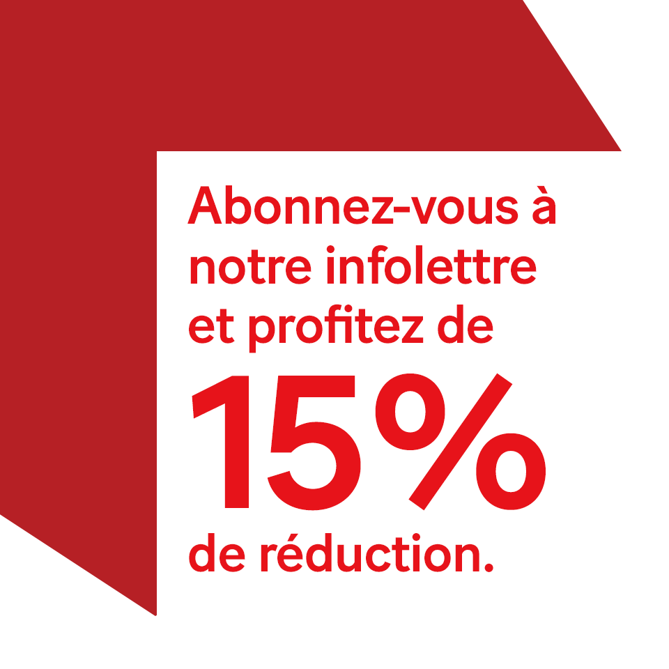 Visuel promotionnel rouge et blanc annonçant 15 % de réduction à l’abonnement de l’infolettre Simplex