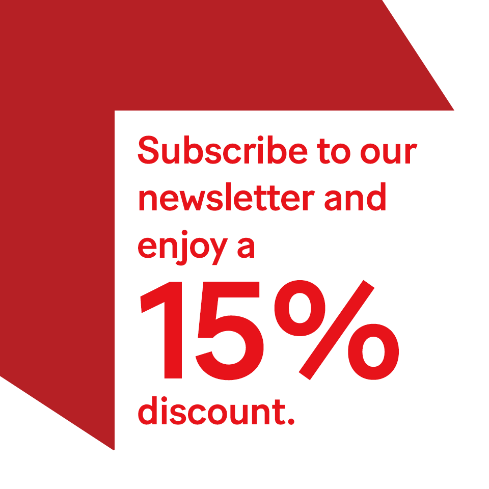 Promotional visual in red and white offering 15% discount for subscribing to the Simplex newsletter