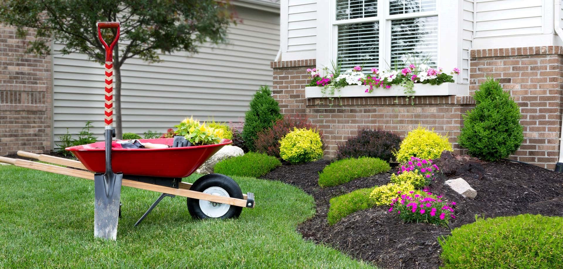 Entretien d'un jardin printanier dans un quartier résidentiel.