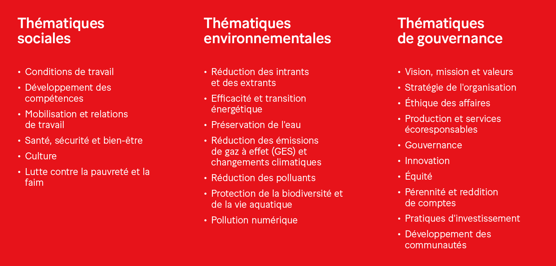 Tableau illustrant les trois colonnes résumant les thématiques sociales, environnementales et de gouvernance de l'entreprise Simplex.